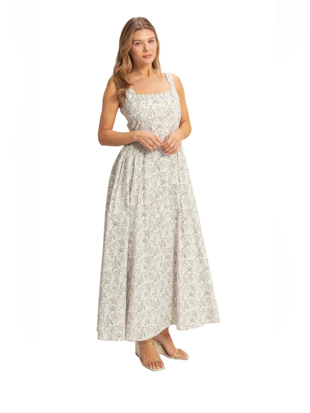 Women’s Floral Smocked Maxi Dress Square Neck Sleeveless Cottagecore L